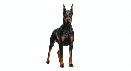 A powerful and elegant Doberman Pinscher dog stands alertly on a clean white background, embodying loyalty and strength, making a striking portrait of a noble canine companion