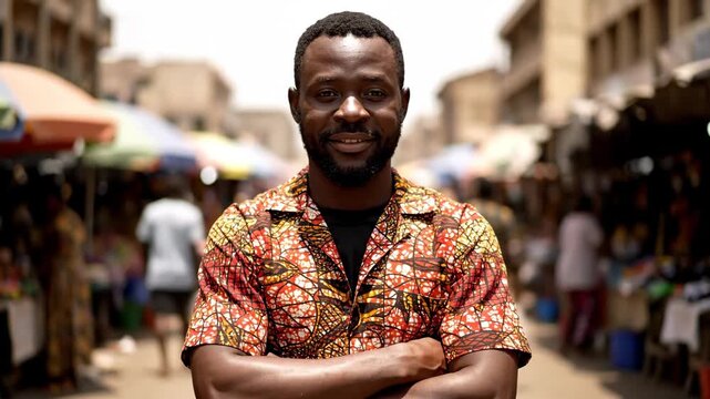 Confident African Man Smiling in Vibrant Shirt at Lively Outdoor Market