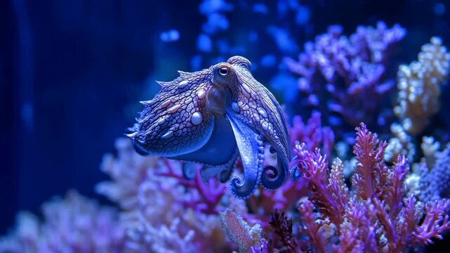A vibrant octopus swimming in its underwater habitat, surrounded by colorful coral reefs