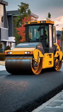 Fresh asphalt being compacted by a heavy road roller on a newly built street in a peaceful suburban area.