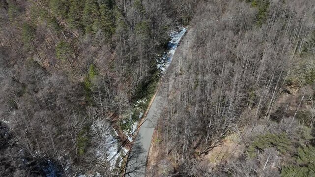 Aerial view shows winding road through snowy forest. Trees stand bare, leaves just beginning to green. Road curves gently, bordered by snow and ice. Winter's chill settles on quiet forest path