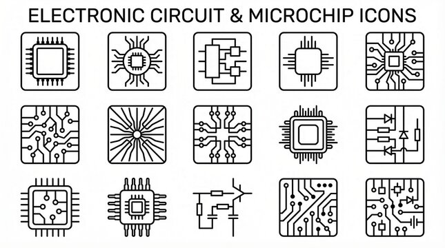 Minimalist black‑and‑white icons illustrating electronic circuits, microchips, and PCB layouts, symbolizing modern computing, hardware, and digital connectivity.