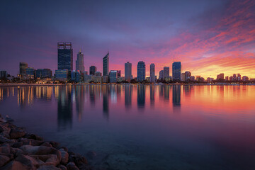 Fototapeta premium Modern coastal city skyline at sunset with calm water reflecting colorful sky and illuminated buildings, creating peaceful and dramatic urban atmosphere