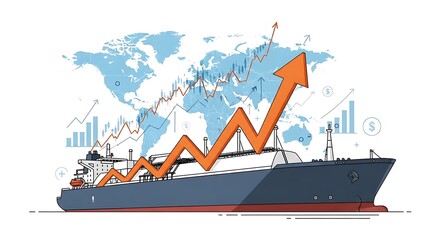 Fototapeta premium Global Shipping Growth and Economic Trends Illustrated with Cargo Ship and Upward Arrow.