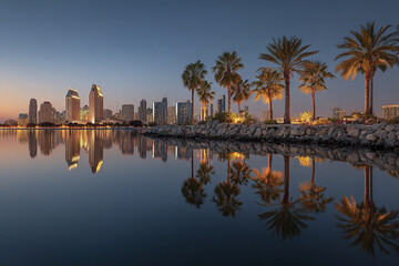 Obraz premium Modern downtown skyline with palm tree silhouettes and calm water reflections during blue hour sunset, creating peaceful and serene urban coastal atmosphere