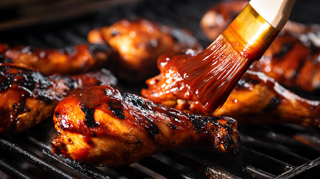 Delicious Chicken Drumsticks Grill with Barbecue Sauce and Basting Brush; Outdoor Cooking, Summer Food, and Savory Meal Preparation