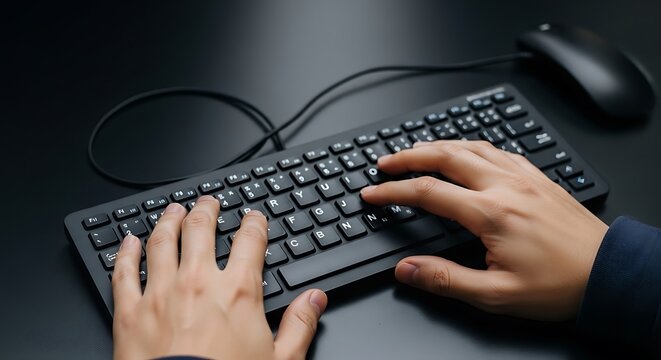 Person's hands actively typing on a compact electronic keyboard with an adjacent pointing device