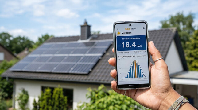 Hand holding smartphone displaying daily solar energy production tracking app in front of residential rooftop panels.