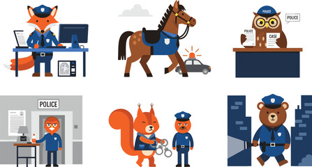 Cartoon Police Animal Characters Including Fox, Bear, Squirrel, Horse, and Owl for Law Enforcement and Police-Themed Designs. © Sanjida
