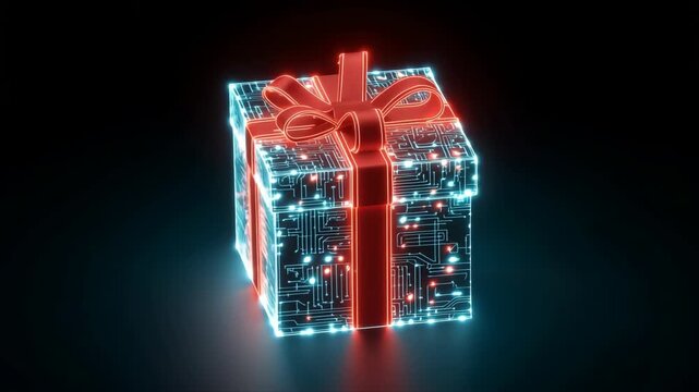 A digitally rendered gift box with a glowing ribbon on a dark backdrop. The box is adorned with circuit board patterns, exuding a high-tech feel.