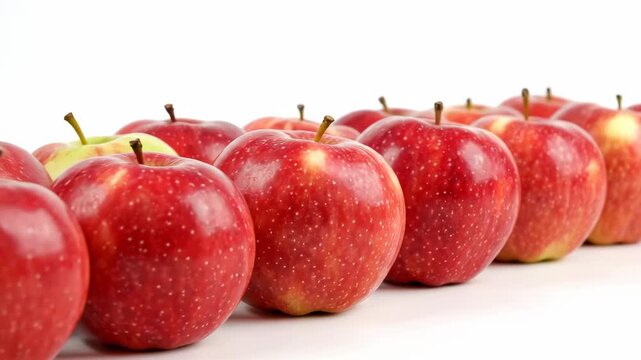 A row of fresh, bright red Jonathan apples with their stems lined up neatly on a clean, white surface, creating a vibrant and healthy food arrangement perfect for advertising.