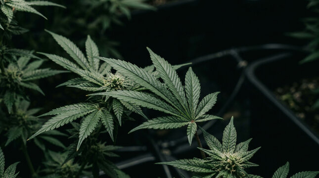 Close-up of cannabis plant leaves.