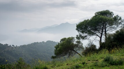 Fototapeta premium foothill. Serene foothill landscape with pine trees and wildflowers, morning mist enveloping distant mountains. travel magazines, destination branding, designed for travel destination branding. 