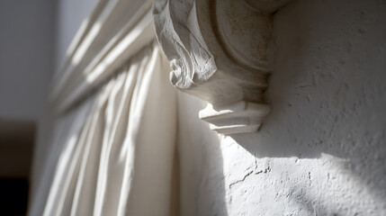 Obraz premium Sunlight and Shadow Play on Ornate Plaster Details and Textured Wall, Highlight Architectural Elements in a Bright Interior Space