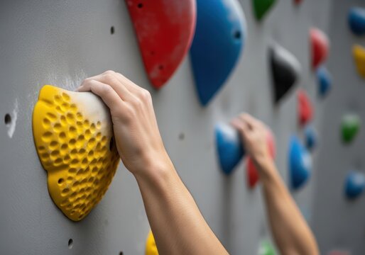 Close up of hand gripping climbing hold showcasing vibrant colors and textured surface against a neutral background highlighting fitness and sport