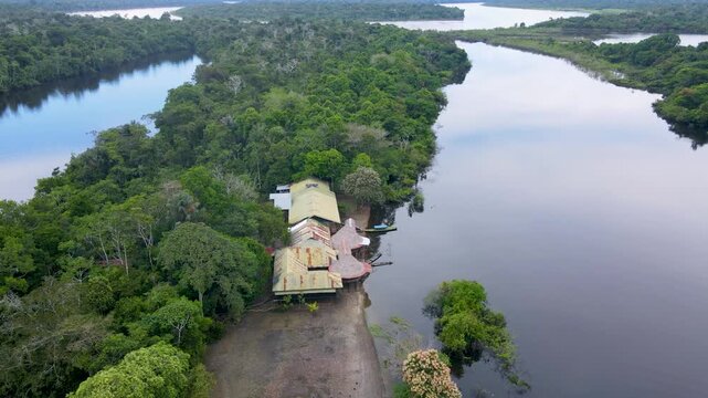 A scenic view of a riverside lodge surrounded by lush green trees and the calm waters of the Amazon River.