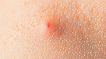 Fototapeta premium Close-up of red inflamed skin spot or acne on human skin, representing dermatology issues, irritation, allergy or insect bite in healthcare and skincare concepts.
