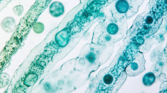 Microscopic image of bacterial cells in fluid environment, showing organic structures and biological activity used in scientific research and microbiology studies.