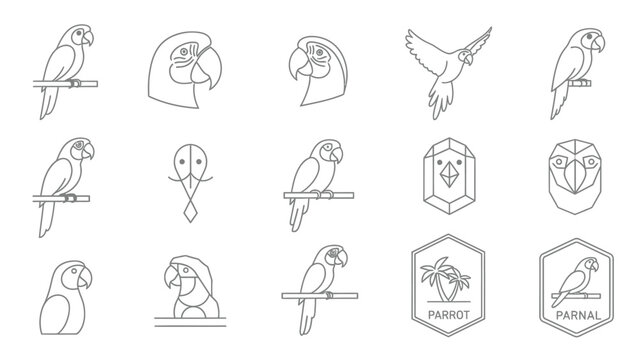 Set of minimalist parrot line art icons on white background