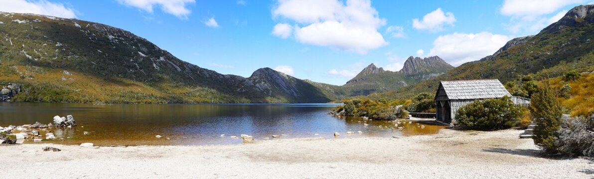Spectacular panorama of Dave Lake Cradle Mountain Tasmania Australia