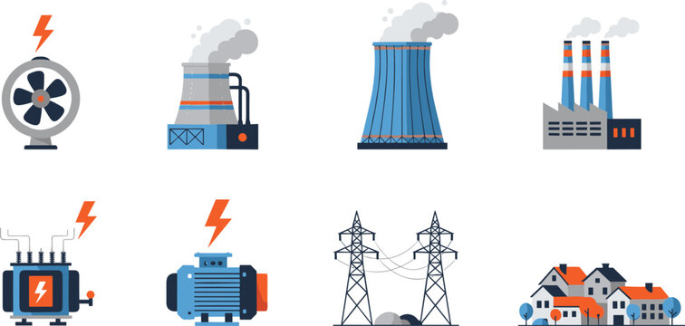 Electric power generation and distribution icons set, energy plant transformer generator transmission towers and homes vector illustration