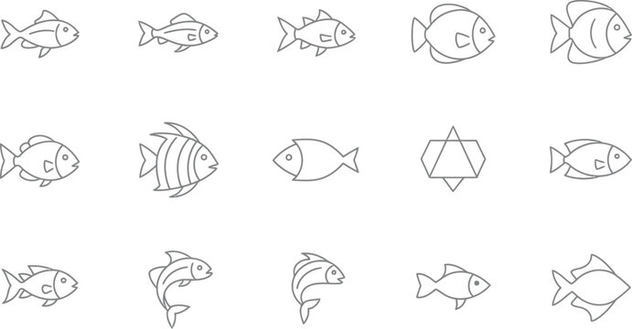 Minimal fish solid icon set, modern geometric fish shapes with filled white silhouettes