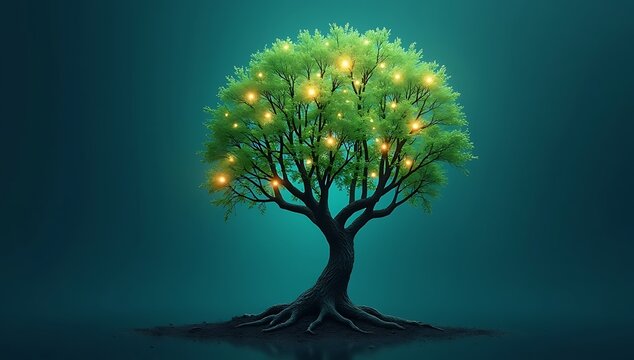 A tree growing in the shape of a human brain with branches turning into data lines and leaves glowing like digital nodes, fusion of nature and technology, sustainability and AI concept, futuristic gro