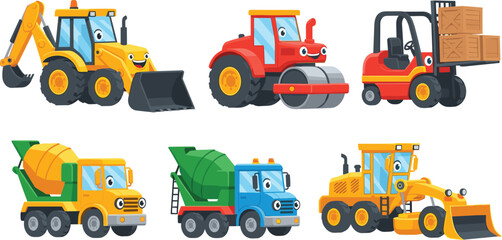 Cartoon Construction Vehicles Collection with Excavator, Roller, Forklift, Cement Mixer, and Bulldozer for Kids and Building Designs © Sanjida