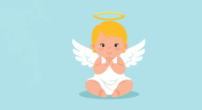 Vector illustration of a cute baby angel cherub with blonde hair, golden halo, and white wings, sitting and praying with folded hands, isolated on a light blue background.
