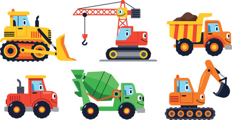 Cartoon Construction Vehicle Collection with Bulldozer, Crane, Dump Truck, Cement Mixer, and Excavator for Kids and Building Projects © Sanjida
