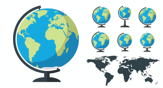 Set of vector earth globe icons on stands showing different hemispheres and continents including Africa Europe and Americas alongside a flat world map silhouette on white.