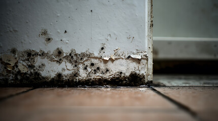 Severe moisture damage on an interior wall with peeling paint and extensive black mold growth near the floor in a neglected living space