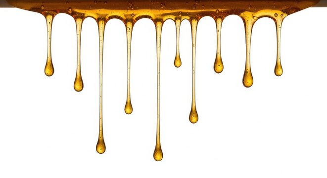 Golden honey dripping with viscous liquid droplets