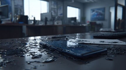 Fototapeta premium Smartphone on a desk with water representing technology and damage