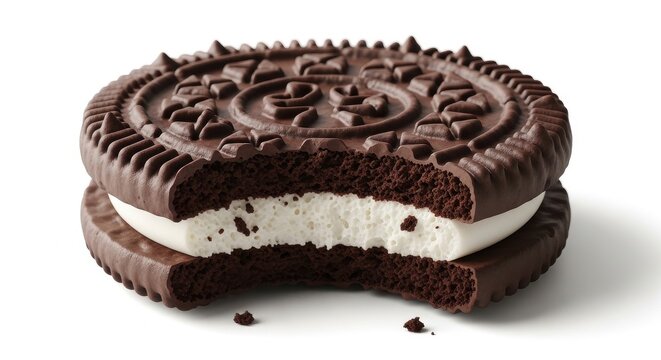 A bitten oreo cookie with cream filling exposed