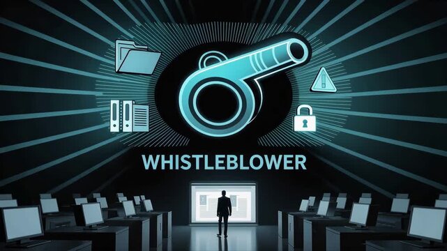 Digital Whistleblower: A digital illustration, an abstract representation of a whistleblower in a cyber environment, illuminating the act of exposing corruption, highlighting data breaches.