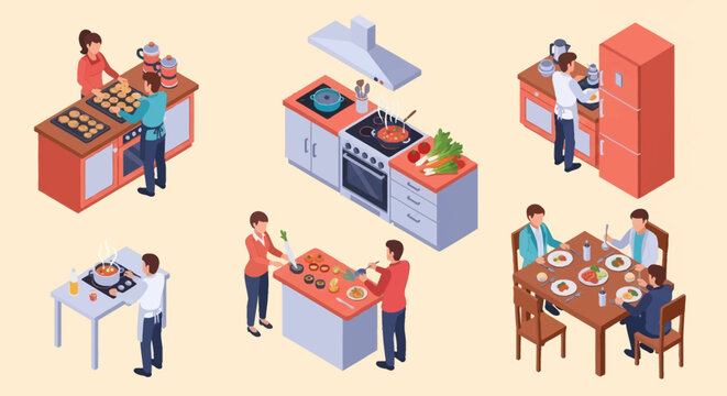 Isometric vector collection featuring people cooking soup on a stove, baking cookies on a tray, organizing a refrigerator, preparing ingredients, and eating dinner at a dining table.