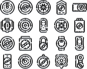 Collection of minimal line art compass icons representing themes of navigation, orientation, wayfinding, travel, adventure, and digital mapping tools for various applications and platforms © vectorwin