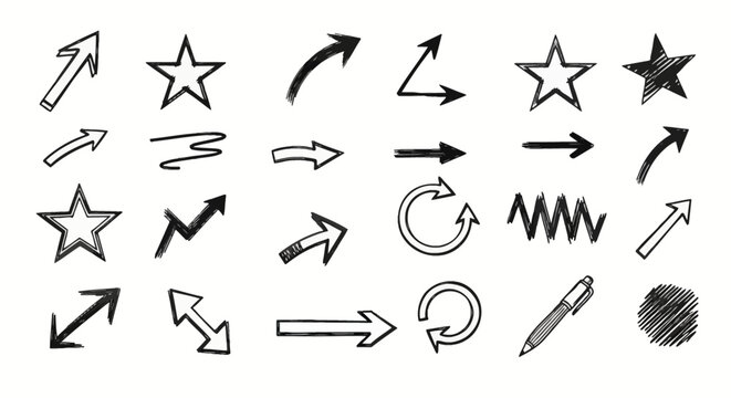 Set of hand-drawn black ink marker elements featuring various arrow styles, decorative stars, a zigzag line, a scribbled circle, and a pen icon isolated on a white background.