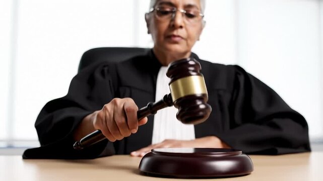Judge in Courtroom Holding Gavel Ready to Strike, Close Up