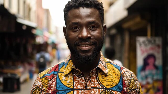 Portrait of a smiling African man in a vibrant patterned shirt on a city street