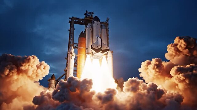 Rocket launch into space at night.
