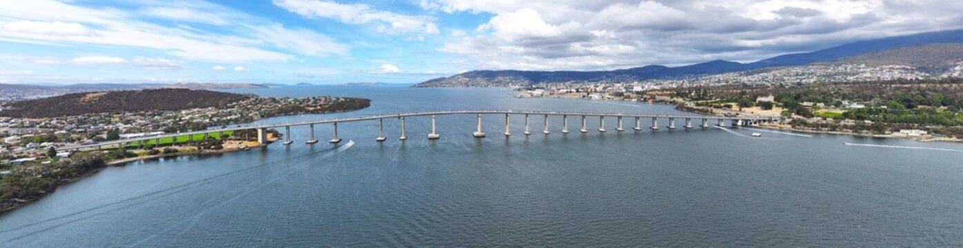 Spectacular panorama of Hobart's Tasman Bridge crossing the Derwent River Tasmania Australia