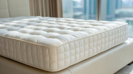 Naklejka premium Close up of a new comfortable bed with a white quilted mattress indoors