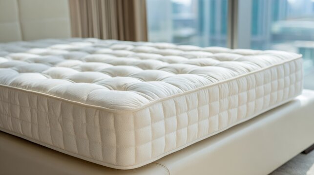 Close up of a new comfortable bed with a white quilted mattress indoors