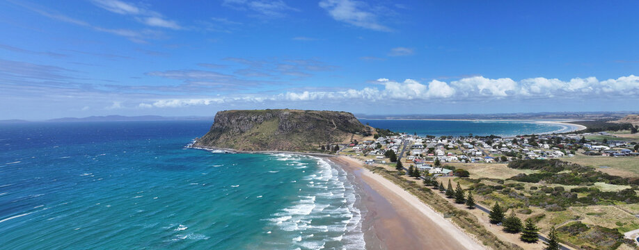 Spectacular aerial panorama of The Nut, Stanley Tasmania Australia