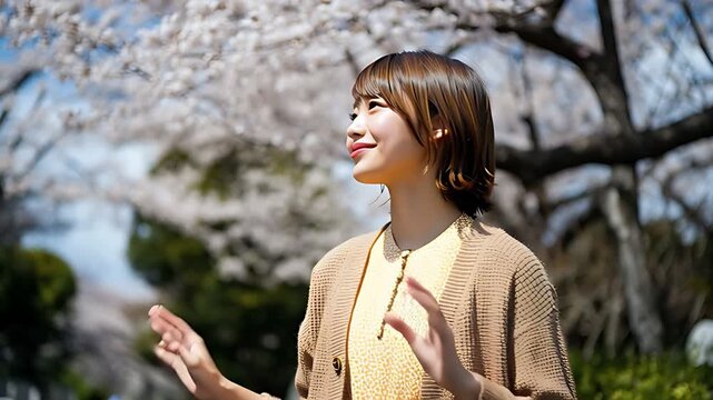 Smiling young Japanese woman enjoying cherry blossom season