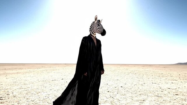Mysterious figure with zebra head mask in vast desert landscape
