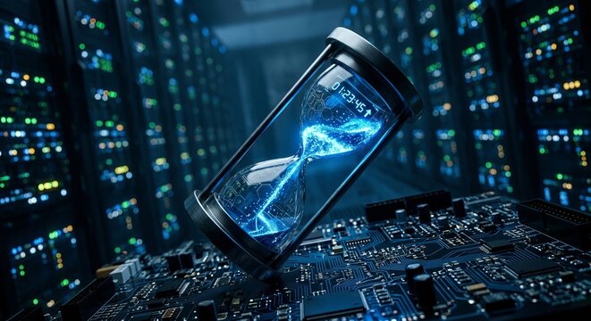 Conceptual Digital Transformation: Hourglass Displaying Data Flow on a Printed Circuit Board