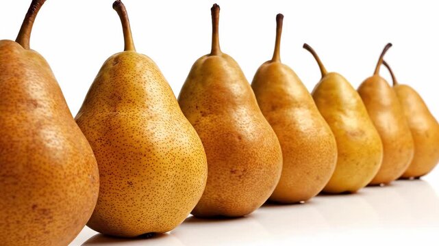 A row of seven ripe Bosc pears stand in a row from largest to smallest on a transparent background, close-up studio shot emphasizing the brown russeted skin and elegant elongated shape.